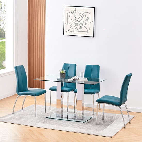 Joliet Small Clear Glass Dining Table With 4 Opelika Teal Chairs