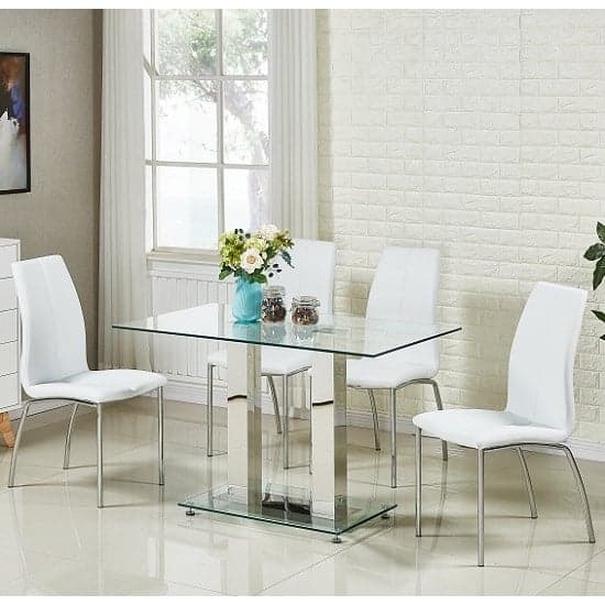 Joliet Small Clear Glass Dining Table With 4 Opelika White Chairs