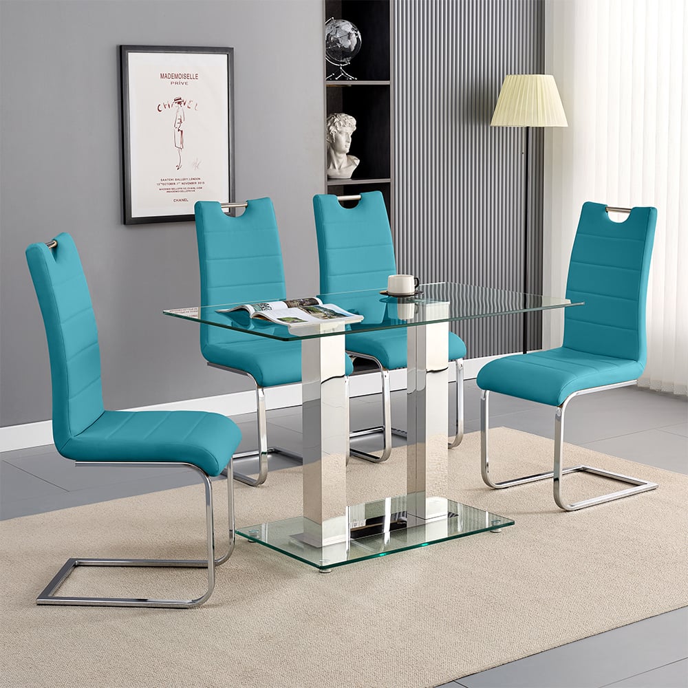 Joliet Small Clear Glass Dining Table With 4 Petersburg Teal Chairs