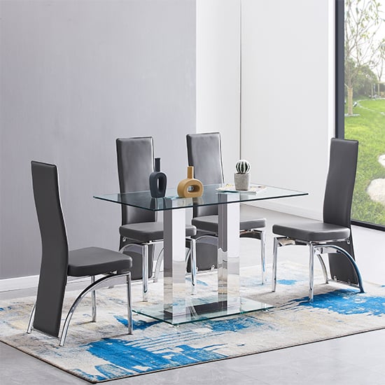 Joliet Small Clear Glass Dining Table With 4 Rimouski Grey Chairs