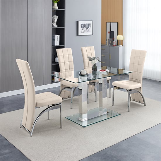 Joliet Small Clear Glass Dining Table With 4 Riverton Taupe Chairs