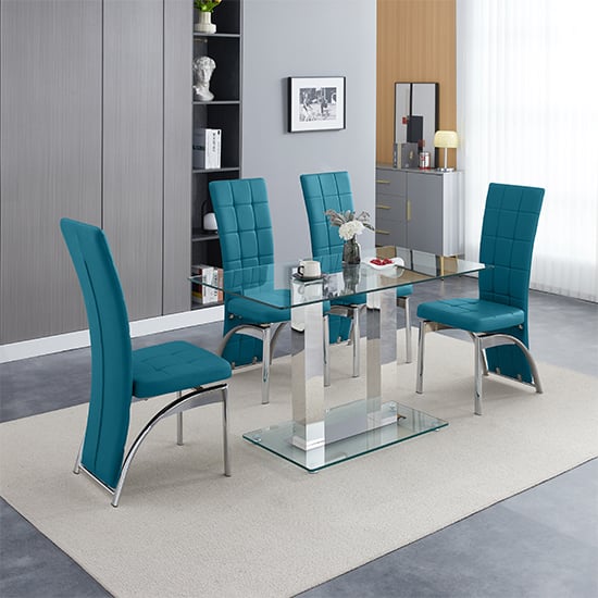 Joliet Small Clear Glass Dining Table With 4 Riverton Teal Chairs