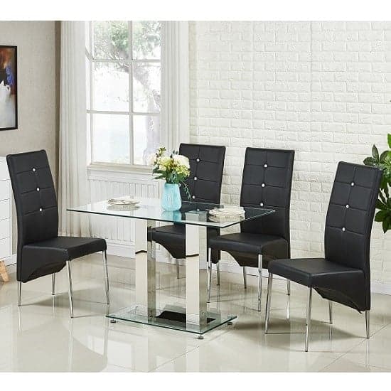 Joliet Small Clear Glass Dining Table With 4 Versilia Black Chairs