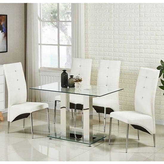 Joliet Small Clear Glass Dining Table With 4 Versilia White Chairs