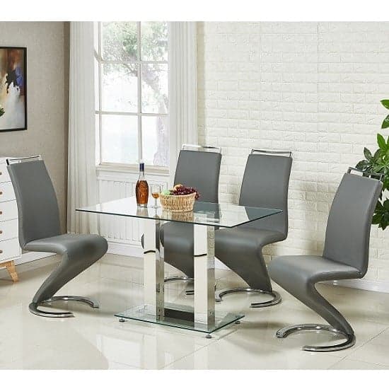 Joliet Small Glass Dining Table In Clear And 4 Sumter Grey Chairs