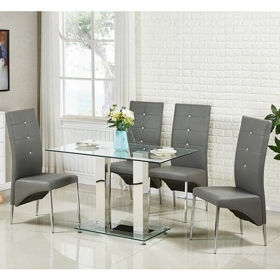 Joliet Small Glass Dining Table In Clear With 4 Versilia Grey Chairs