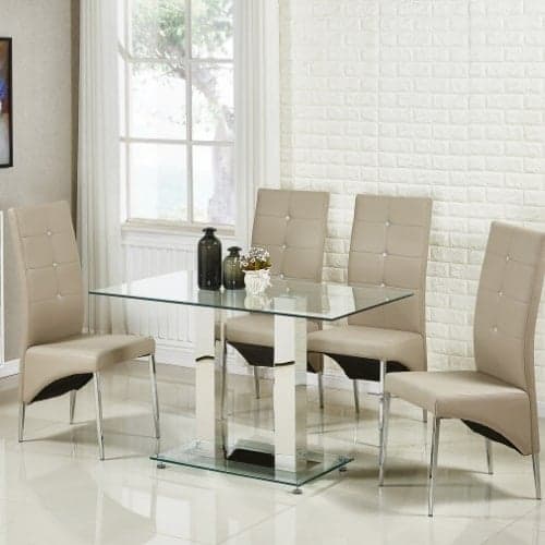 Joliet Small Glass Dining Table In Clear With 4 Versilia Taupe Chairs