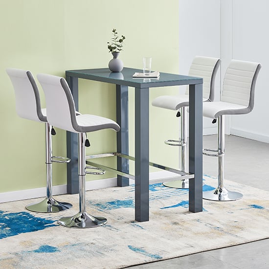 Joplin Rectangular Glass Grey Bar Table 4 Riga White Grey Stools
