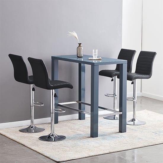Joplin Rectangular Glass Grey Bar Table With 4 Rifle Black Stools