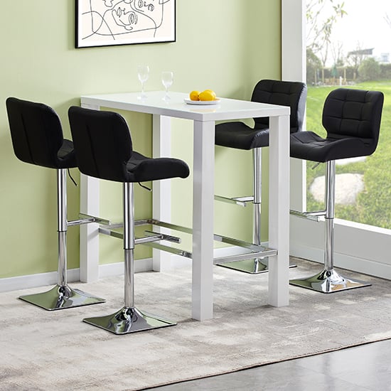 Joplin Rectangular Glass White Bar Table 4 Canyon Black Stools