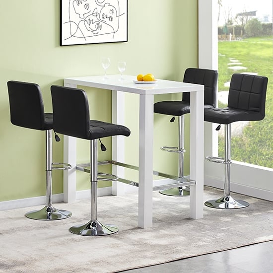 Joplin Rectangular Glass White Bar Table 4 Concord Black Stools