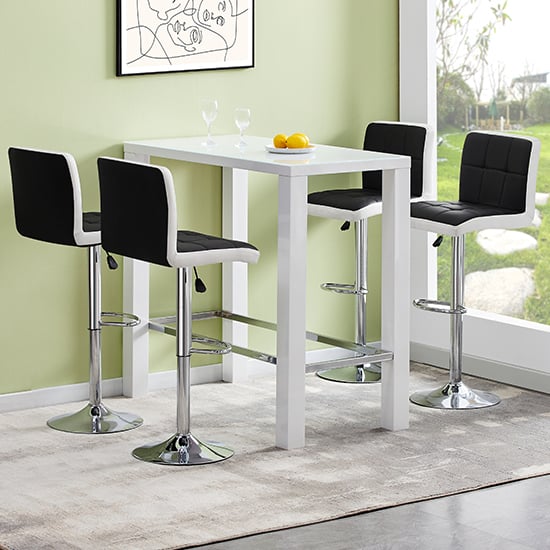 Joplin Rectangular Glass White Bar Table 4 Cortez Black Stools
