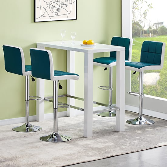 Joplin Rectangular Glass White Bar Table 4 Cortez Teal Stools
