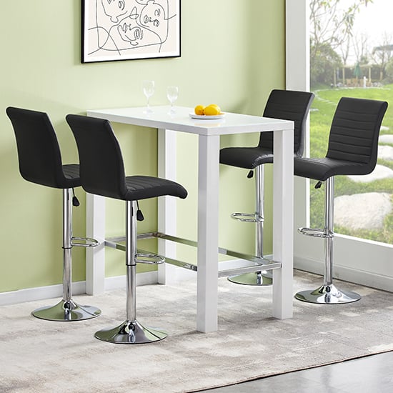 Joplin Rectangular Glass White Bar Table 4 Rifle Black Stools