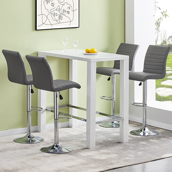 Joplin Rectangular Glass White Bar Table 4 Rifle Grey Stools