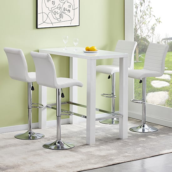 Joplin Rectangular Glass White Bar Table 4 Rifle White Stools