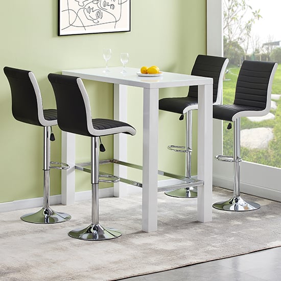 Joplin Rectangular Glass White Bar Table 4 Riga Black White Stools