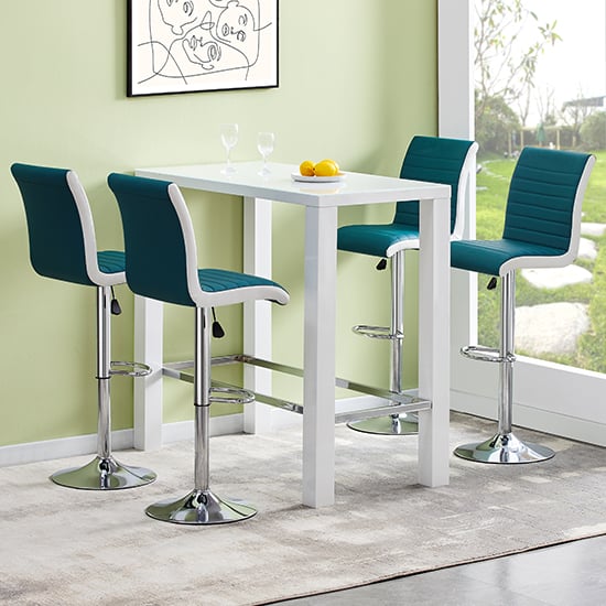 Joplin Rectangular Glass White Bar Table 4 Riga Teal White Stools