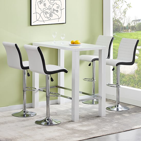 Joplin Rectangular Glass White Bar Table 4 Riga White Black Stools