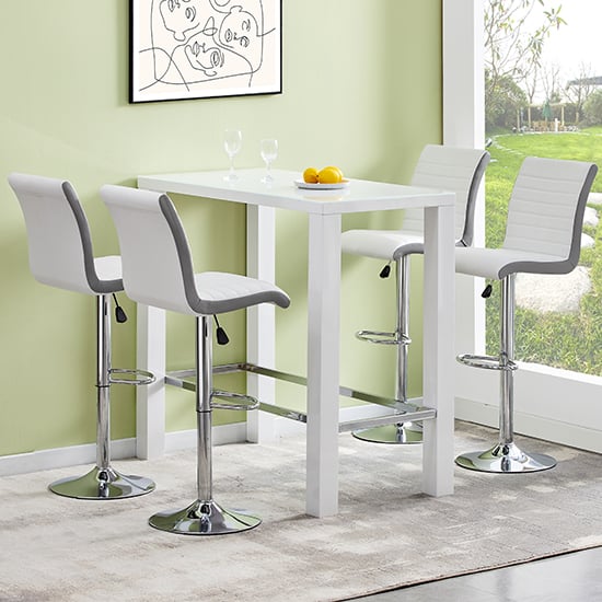 Joplin Rectangular Glass White Bar Table 4 Riga White Grey Stools
