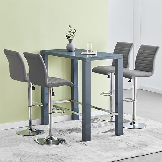 Joplin Rectanuglar Glass Grey Bar Table With 4 Rifle Grey Stools