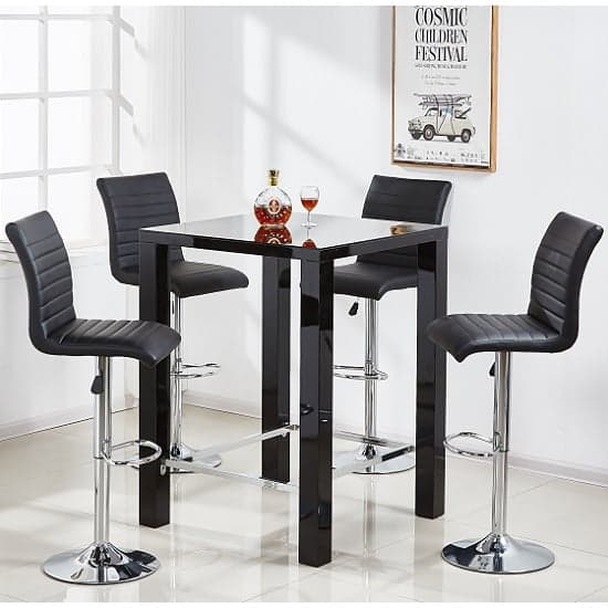 Joplin Square Glass Black Gloss Bar Table 4 Rifle Black Stools