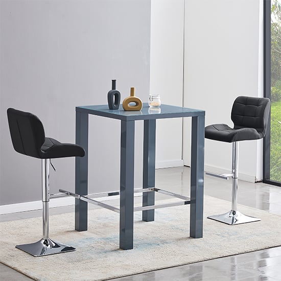 Joplin Square Glass Grey Gloss Bar Table 2 Canyon Black Stools