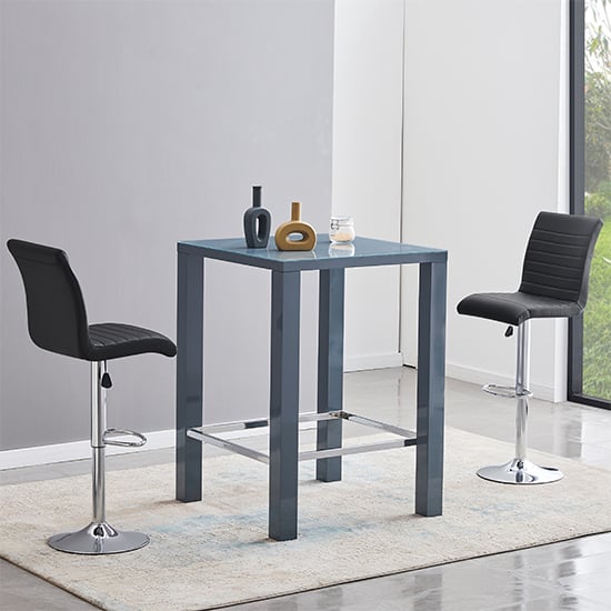 Joplin Square Glass Grey Gloss Bar Table 2 Rifle Black Stools