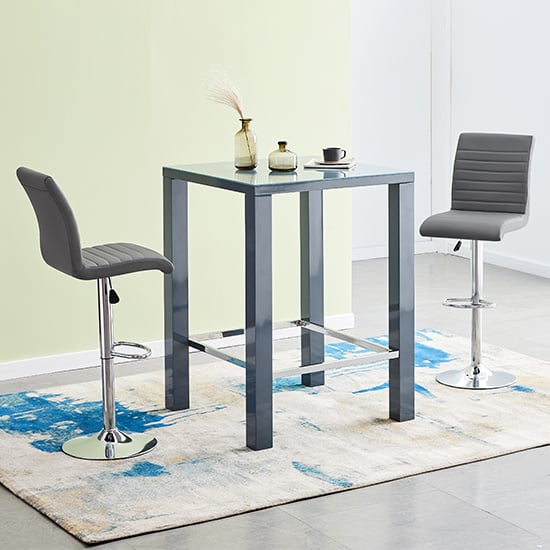 Joplin Square Glass Grey Gloss Bar Table 2 Rifle Grey Stools