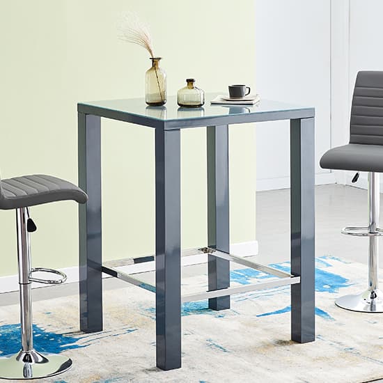 Joplin Square Glass Grey Gloss Bar Table 2 Riga Grey White Stools