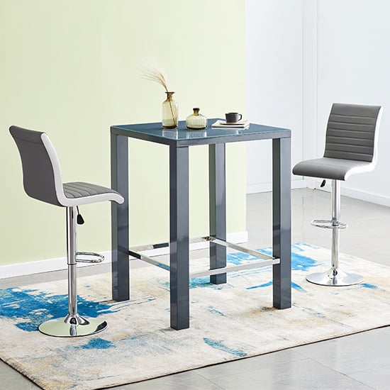 Joplin Square Glass Grey Gloss Bar Table 2 Riga Grey White Stools