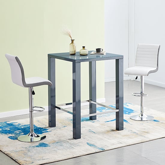 Joplin Square Glass Grey Gloss Bar Table 2 Riga White Grey Stools