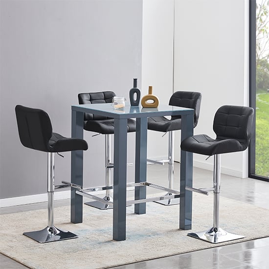 Joplin Square Glass Grey Gloss Bar Table 4 Canyon Black Stools