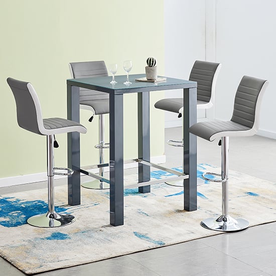Joplin Square Glass Grey Gloss Bar Table 4 Riga Grey White Stools