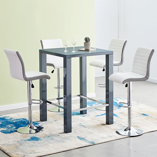 Joplin Square Glass Grey Gloss Bar Table 4 Riga White Grey Stools