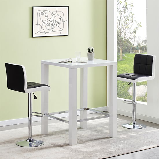 Joplin Square Glass White Gloss Bar Table 2 Cortez Black Stools