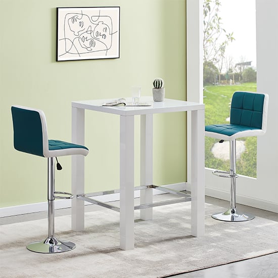 Joplin Square Glass White Gloss Bar Table 2 Cortez Teal Stools