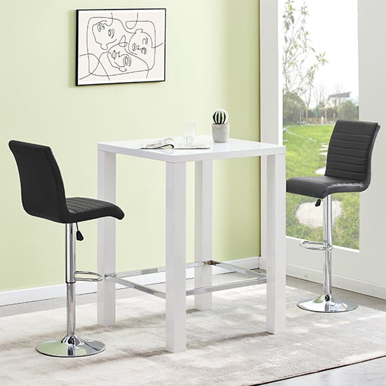 Joplin Square Glass White Gloss Bar Table 2 Rifle Black Stools