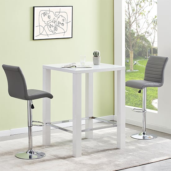 Joplin Square Glass White Gloss Bar Table 2 Rifle Grey Stools