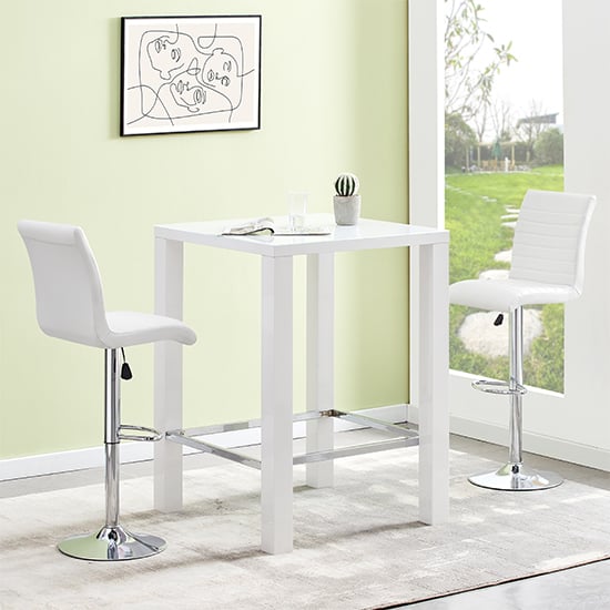 Joplin Square Glass White Gloss Bar Table 2 Rifle White Stools