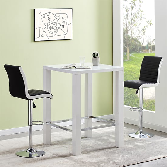 Joplin Square Glass White Gloss Bar Table 2 Riga Black White Stool