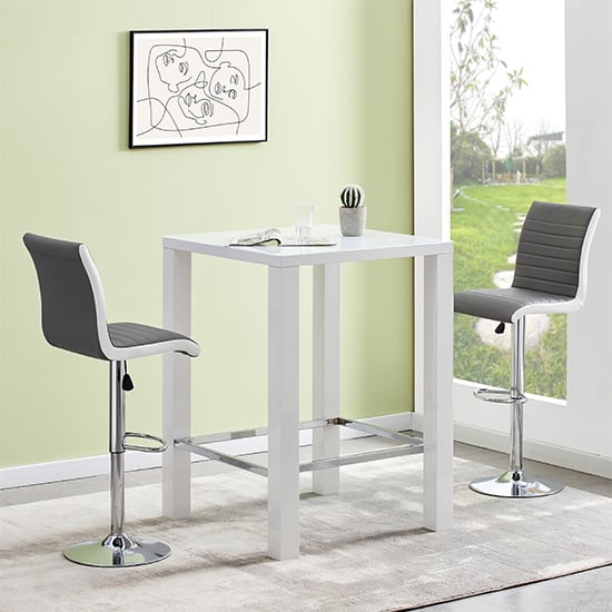 Joplin Square Glass White Gloss Bar Table 2 Riga Grey White Stools