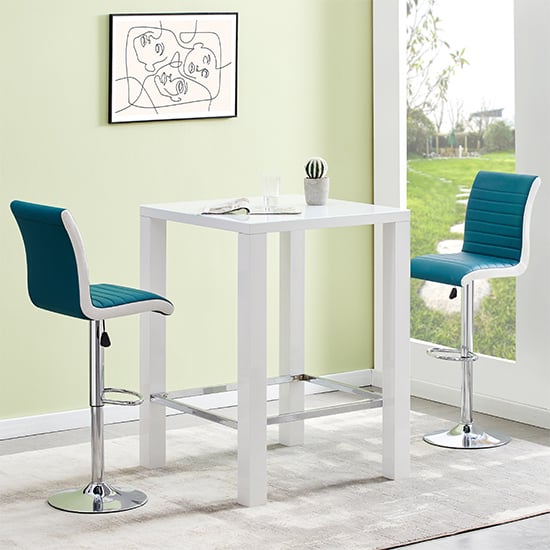 Joplin Square Glass White Gloss Bar Table 2 Riga Teal White Stools