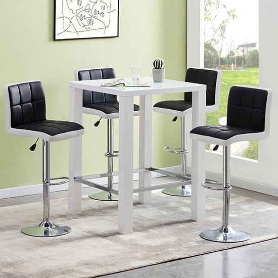 Joplin Square Glass White Gloss Bar Table 4 Cortez Black Stools