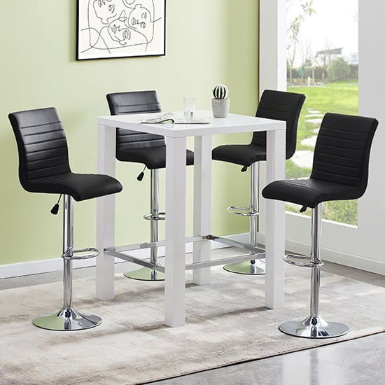 Joplin Square Glass White Gloss Bar Table 4 Rifle Black Stools