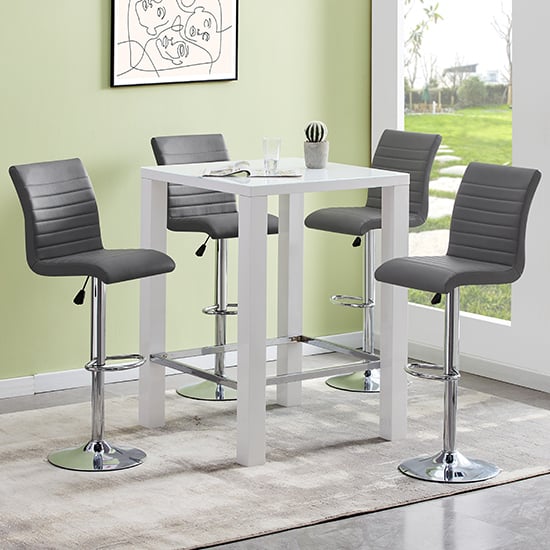 Joplin Square Glass White Gloss Bar Table 4 Rifle Grey Stools
