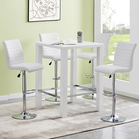 Joplin Square Glass White Gloss Bar Table 4 Rifle White Stools