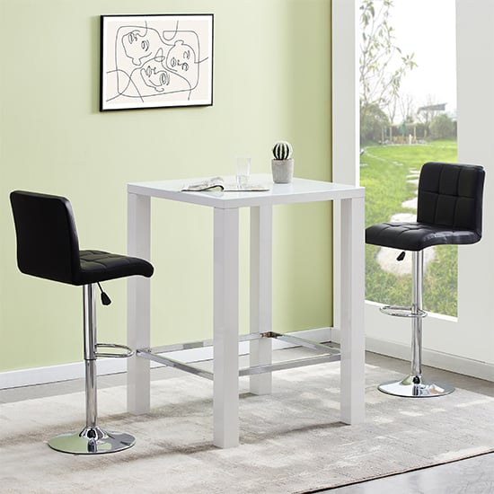 Joplin Square Glass White Gloss Bar Table With 2 Concord Black Stools