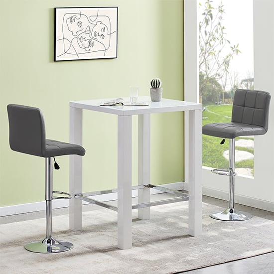 Joplin Square Glass White Gloss Bar Table With 2 Concord Grey Stools