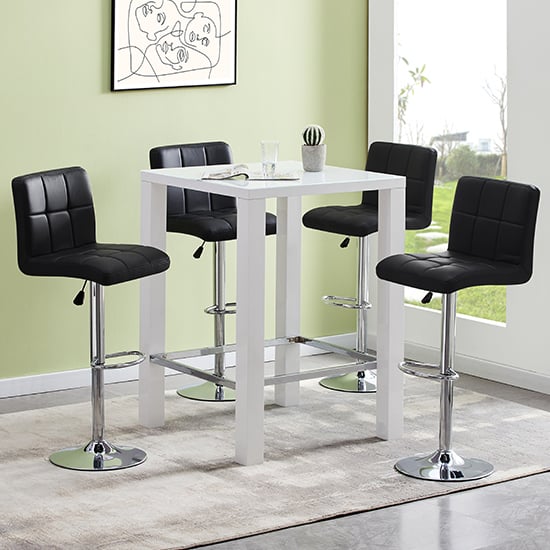 Joplin Square Glass White Gloss Bar Table With 4 Concord Black Stools
